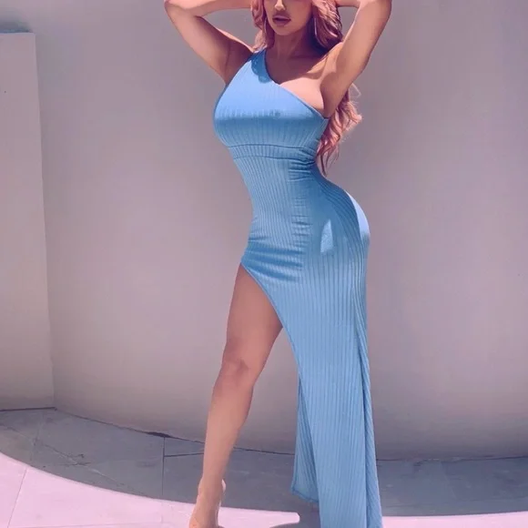 Blue shoulder high slit maxi dress - small - Picture 4 of 6